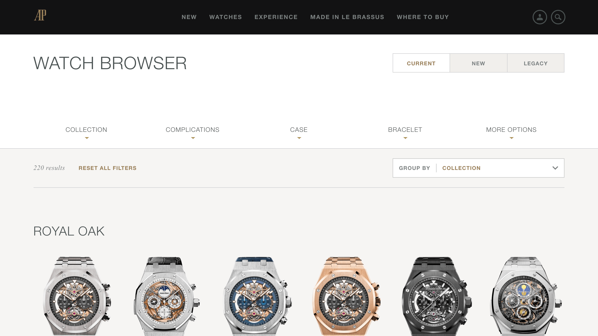 Screenshot of the extended watch browser for Audemars Piguet showing filters and watches.