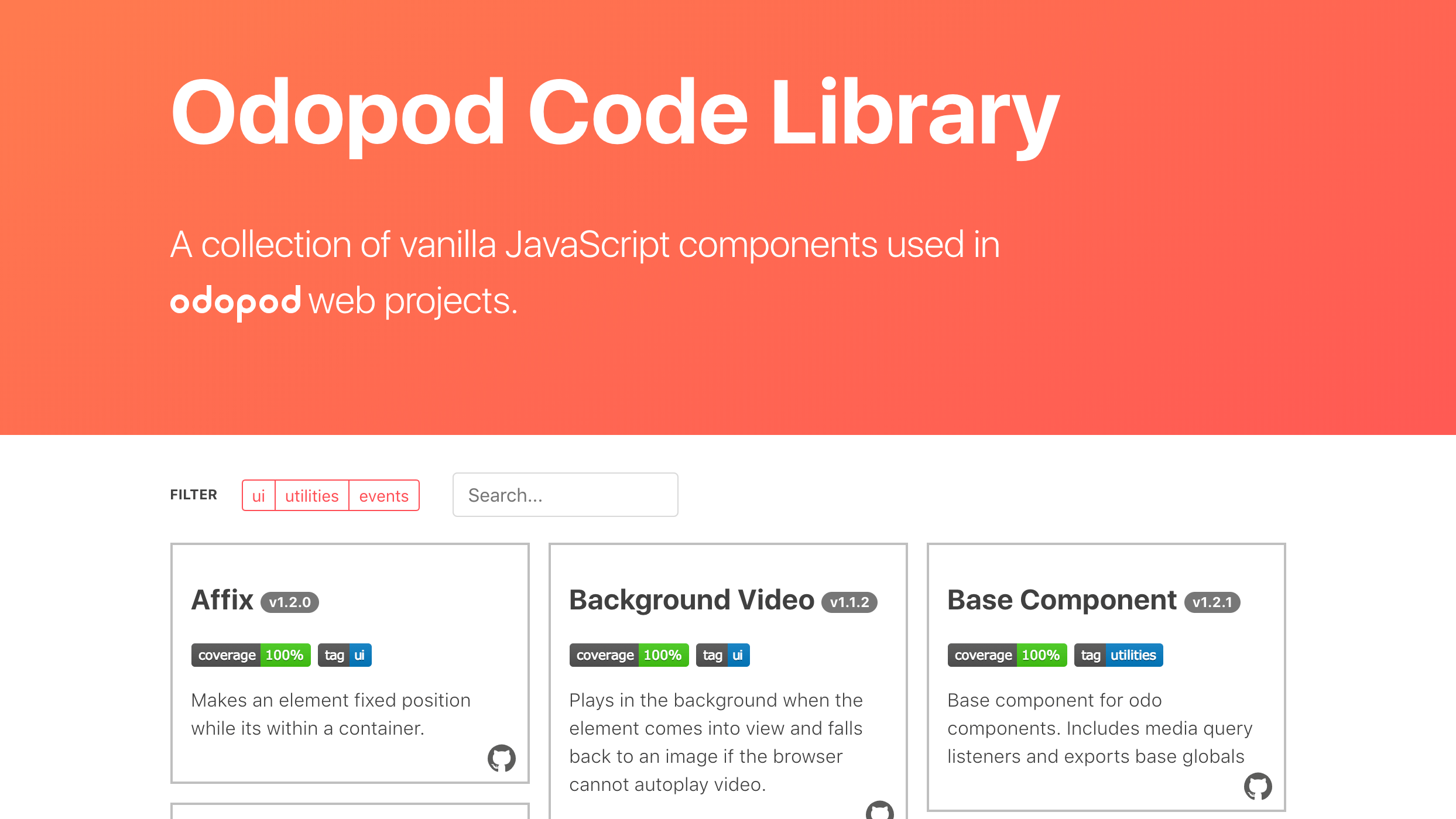 Screenshot of the odopod code library directory page.