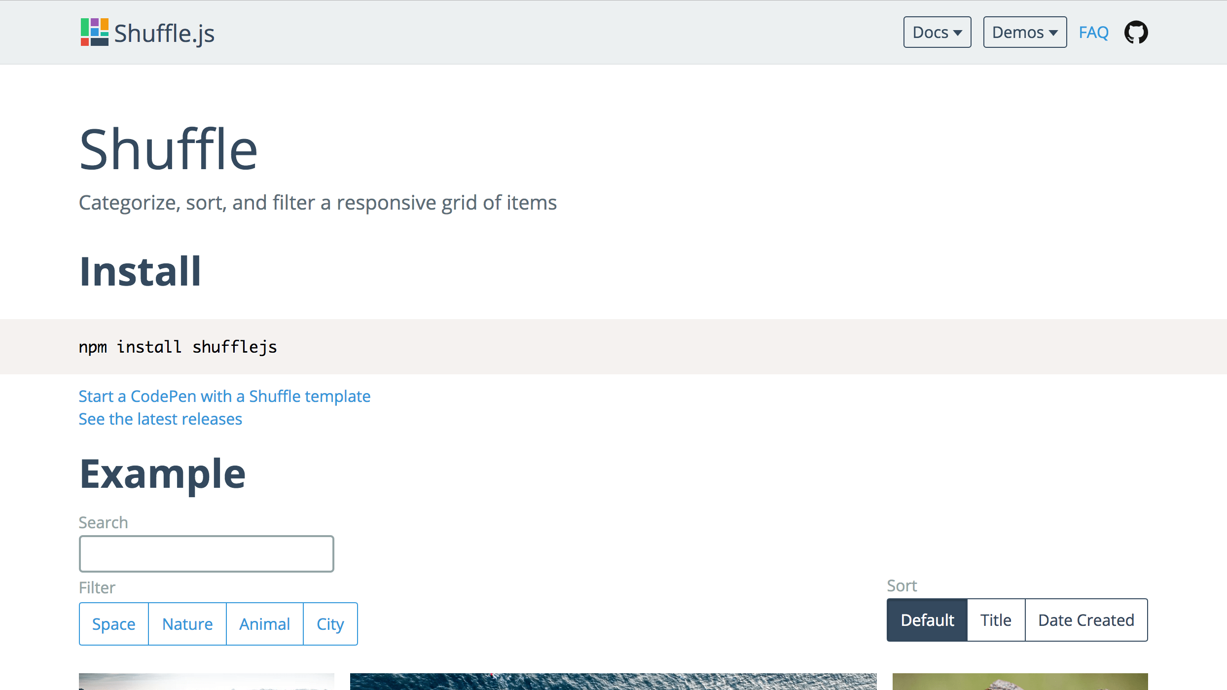 Screenshot of the Shuffle package demo site.