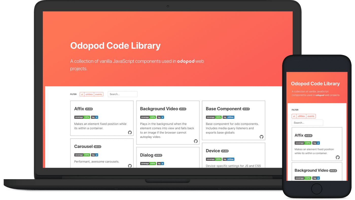 Screenshot of the odopod code library directory page.