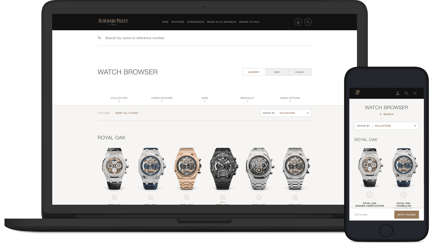 Screenshot of the extended watch browser for Audemars Piguet showing filters and watches.